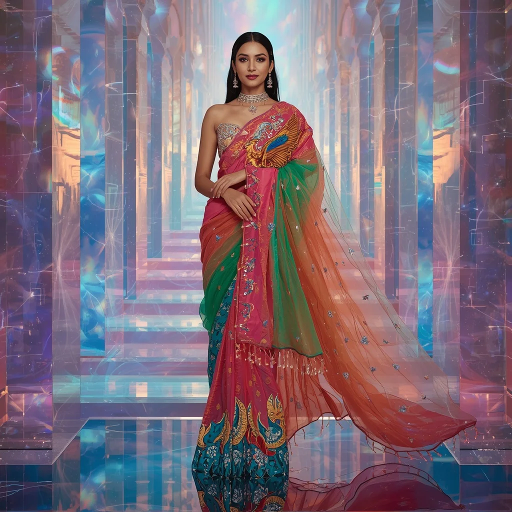 Ultra Luxury Rainbow Crystal Phoenix Saree with Prism Sky Empire Background | Gemini Ai Photo Prompt Copy Paste