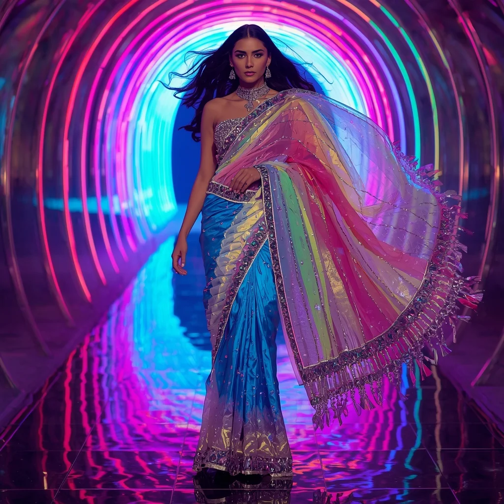 Ultra Luxury Rainbow Crystal Saree with Dynamic Editorial Twist Walk and Neon Reflection Tunnel Background | Viral Ai Image Prompt