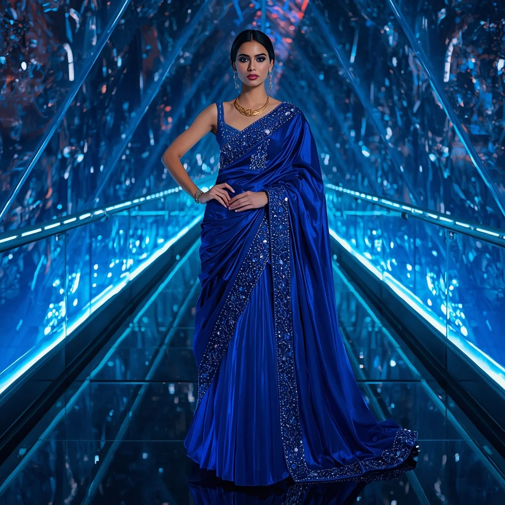 Ultra Modern Sapphire Aurora Crown Saree with Infinity Crystal Bridge Background | Prompt Seen Girl Photo Editing Chatgpt Download
