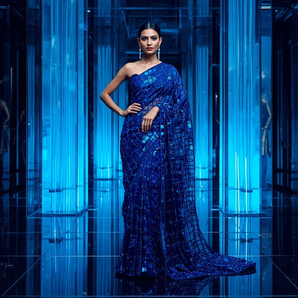 Ultra Modern Sapphire Aurora Grid Saree with Futuristic Crystal Nexus Background | Prompt For Traditional Look For Girl ChatGPT