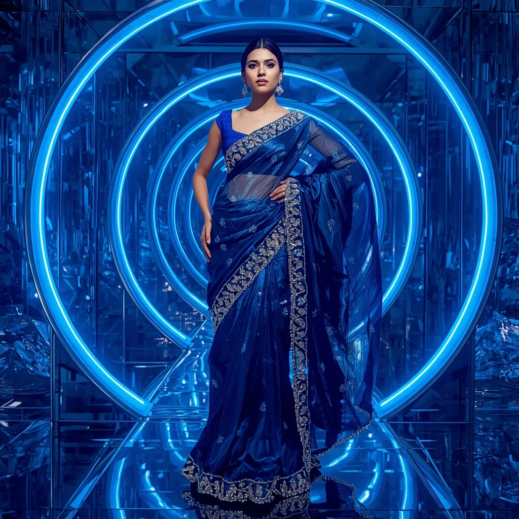 Ultra Modern Sapphire Aurora Prism Saree with Futuristic Crystal Portal Background | Best Ai Prompt 2026