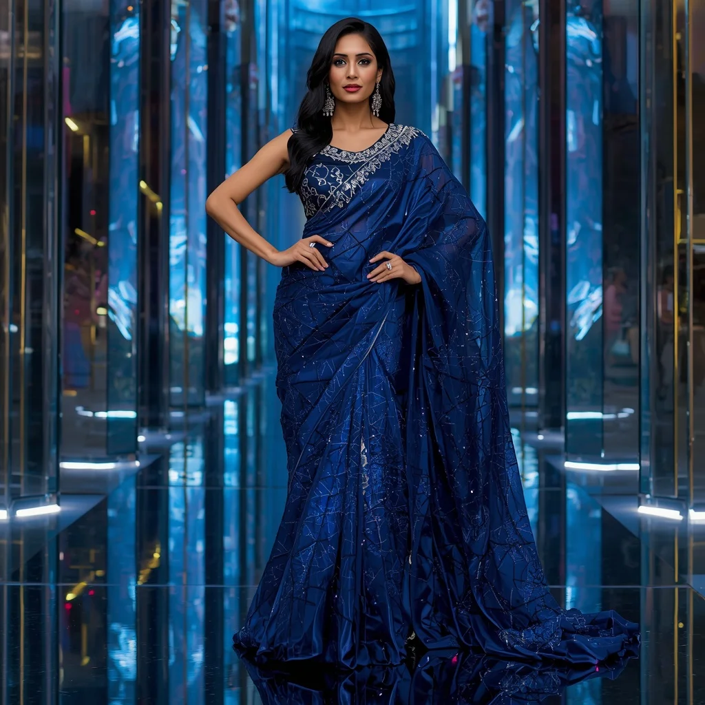Ultra Modern Sapphire Cyber Queen Saree with Futuristic Glass Metropolis Background | Best Prompt For Traditional Look For Girl Chatgpt