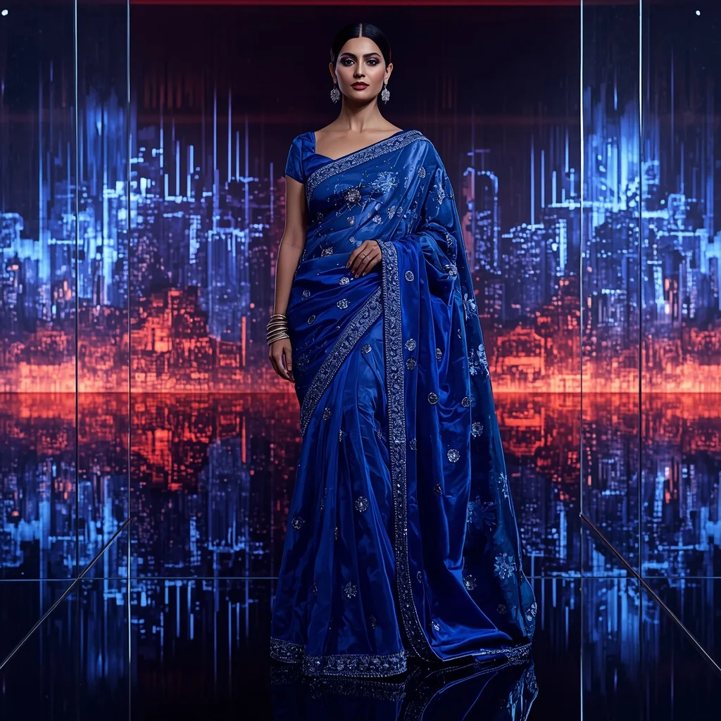 Ultra Modern Sapphire Digital Queen Saree with Holographic Crystal City Background | Prompt Ai For Girl Instagram