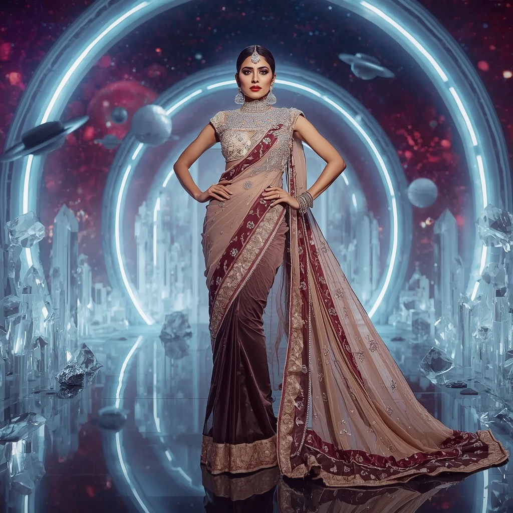 Ultra Premium Festival Diamond Maharani Couture Saree with Futuristic Crystal Crown Universe Background | Ai Prompt For Social Media