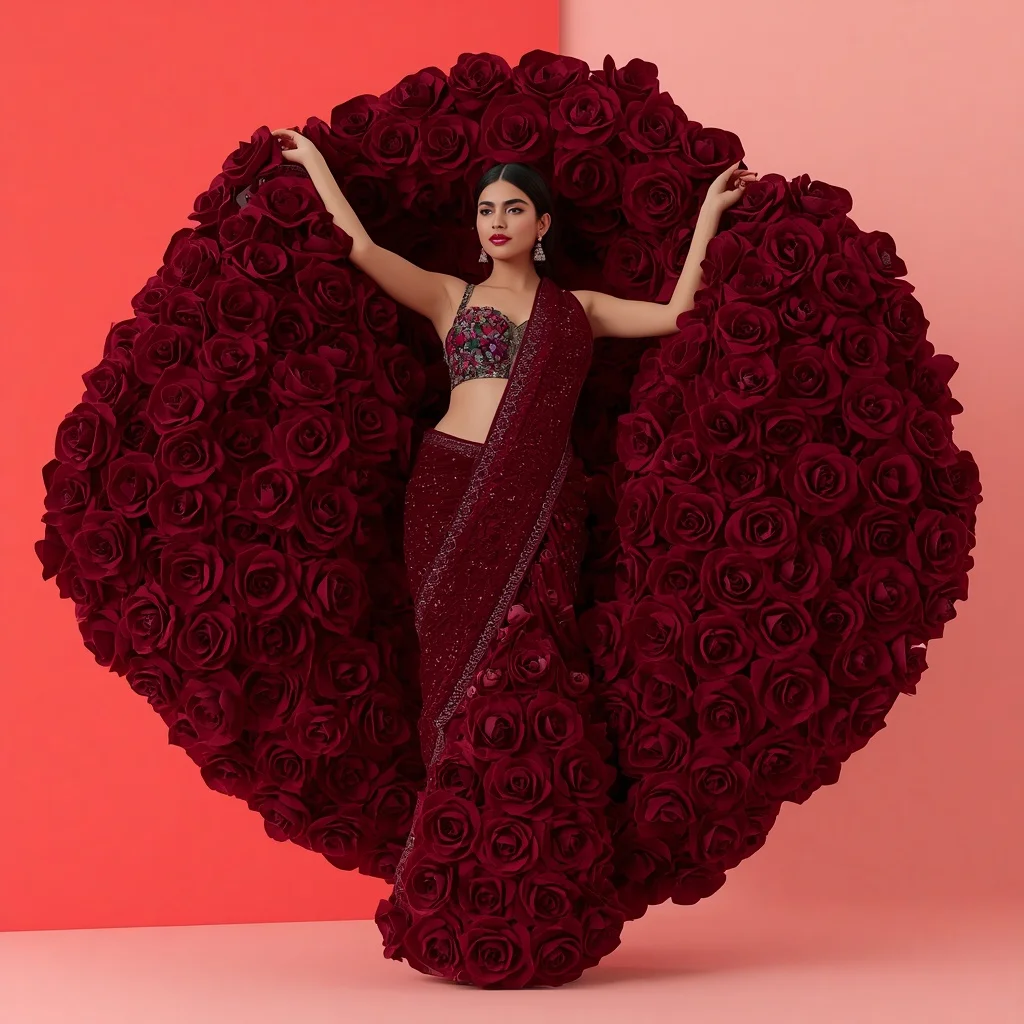 Ultra-Premium Heavy 3D Velvet Rose Sculpted Saree For Festivals | Ai Image Generator Prompt