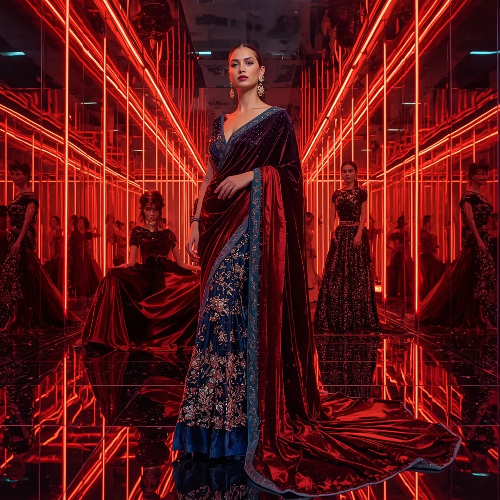 Velvet Crimson Galaxy Saree with Neon Reflection Chamber | Happy Ai Prompt
