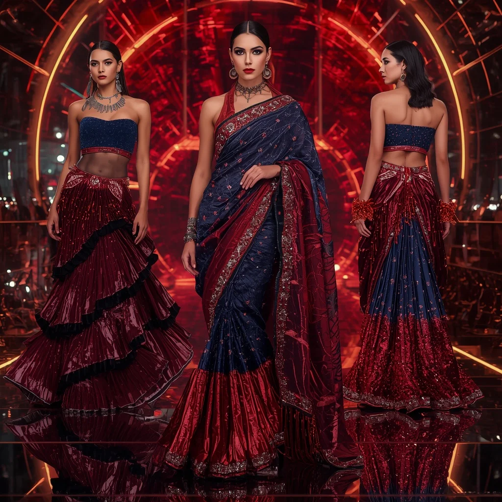Velvet Crimson Galaxy Saree with Neon Reflection Orbit Citadel | Prompt Seen Horror Girl