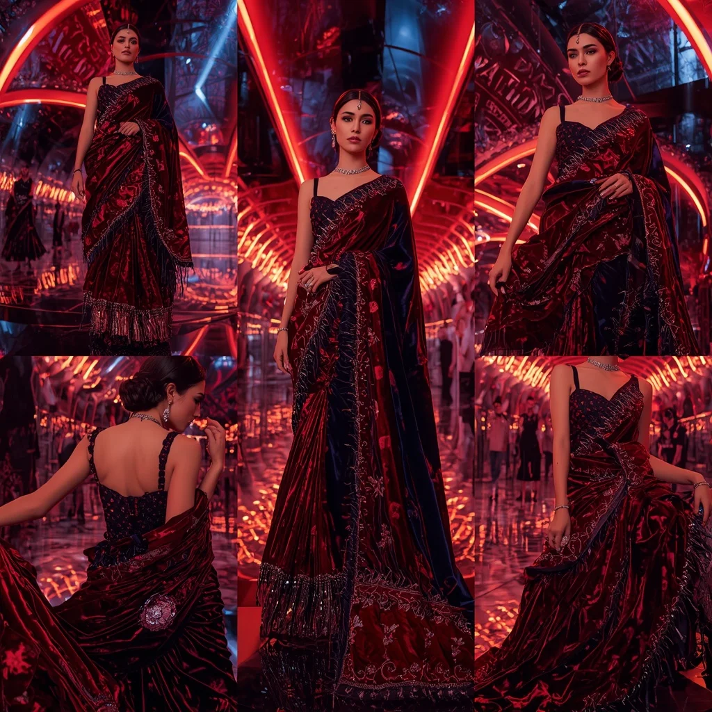Velvet Crimson Galaxy Saree with Neon Reflection Orbit Hall | Girls Trending Prompt Gemini Instagram