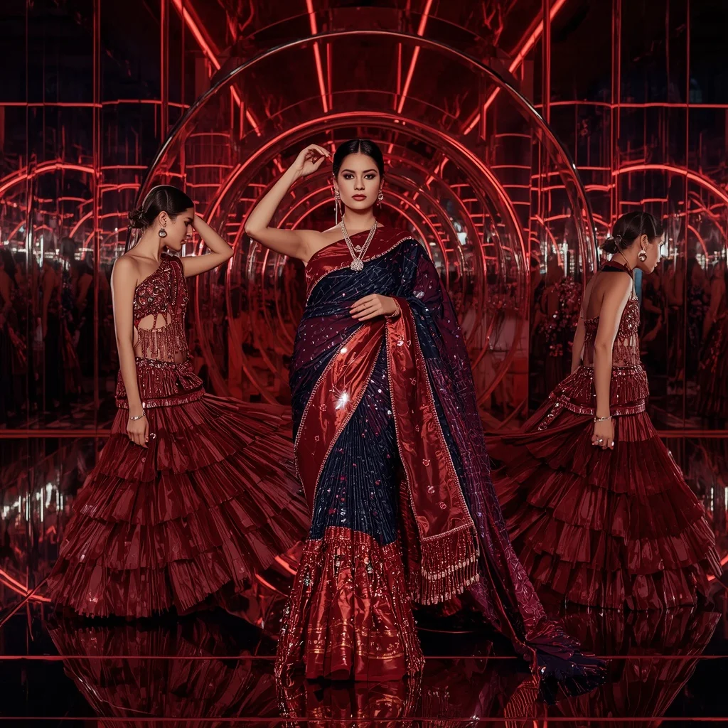 Velvet Crimson Galaxy Saree with Neon Reflection Sanctuary | Ai Portrait Prompt