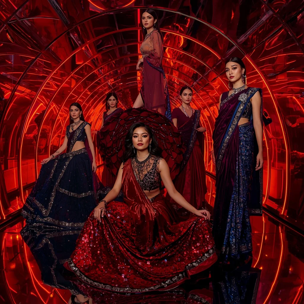 Velvet Crimson Galaxy Saree with Neon Reflection Tunnel | Bridal Ai Prompt