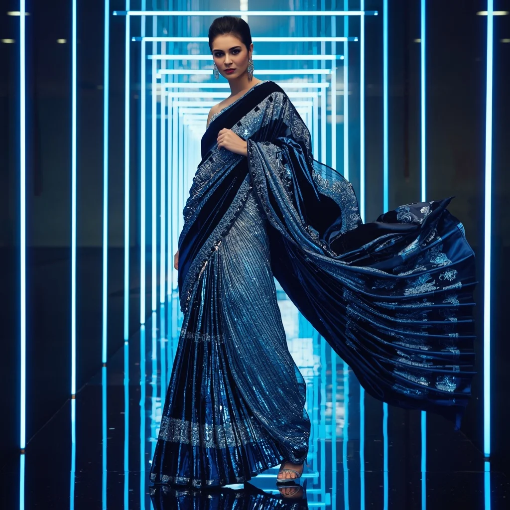 Velvet Crystal Eclipse Saree with Floating LED Infinity Corridors | Prompt Seen Girl Photo Editing ChatGPT