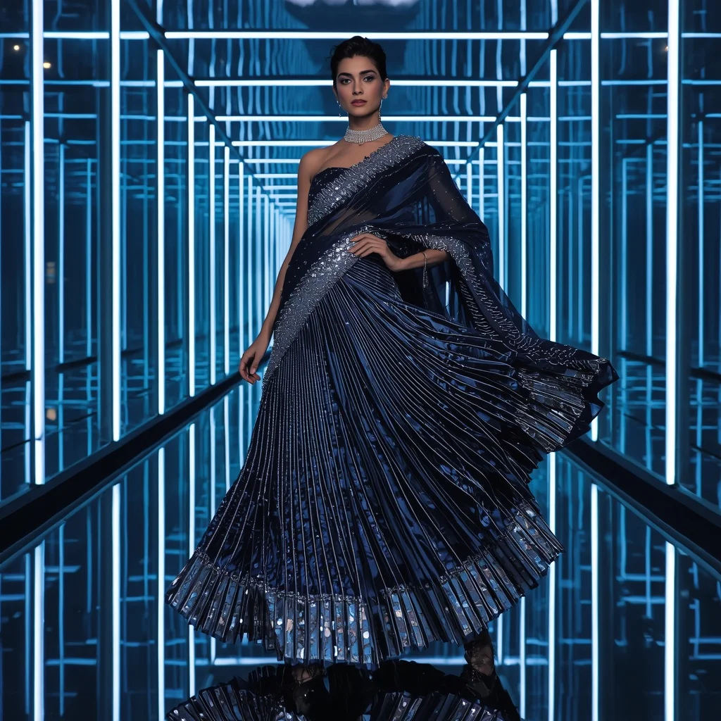 Velvet Crystal Eclipse Saree with Floating LED Infinity Hallways | Girl Photo Prompt Gemini