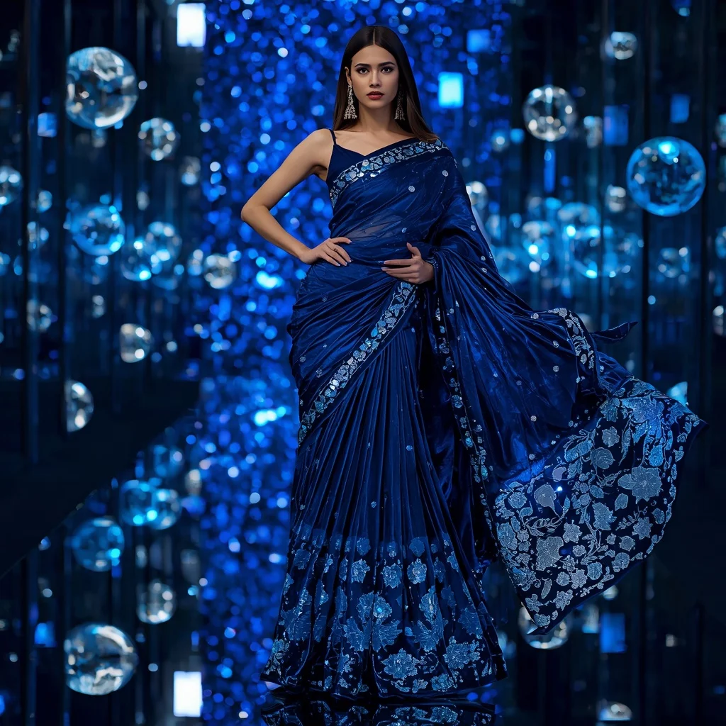 Velvet Crystal Mirage Saree with Floating LED Infinity Worlds | Gemini Prompt