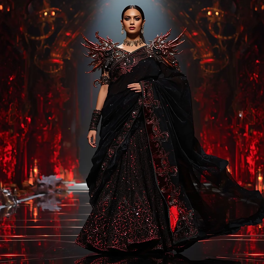 Velvet Dragon Orbit Saree with Dark Ember Crystal Fortress | Saree Prompt Chatgpt