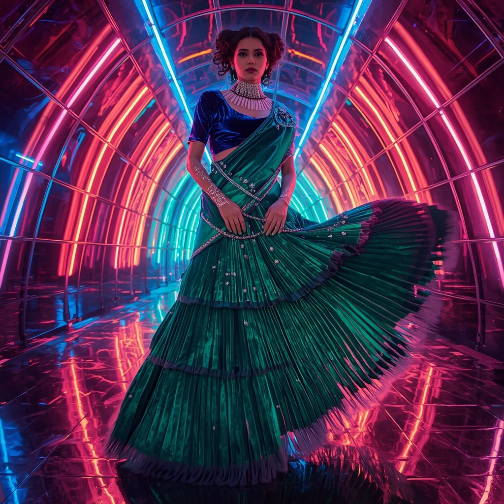 Velvet Galaxy Mirage Saree with Neon Reflection Dome | Traditional Prompt For Gemini Ai Girl Aesthetic