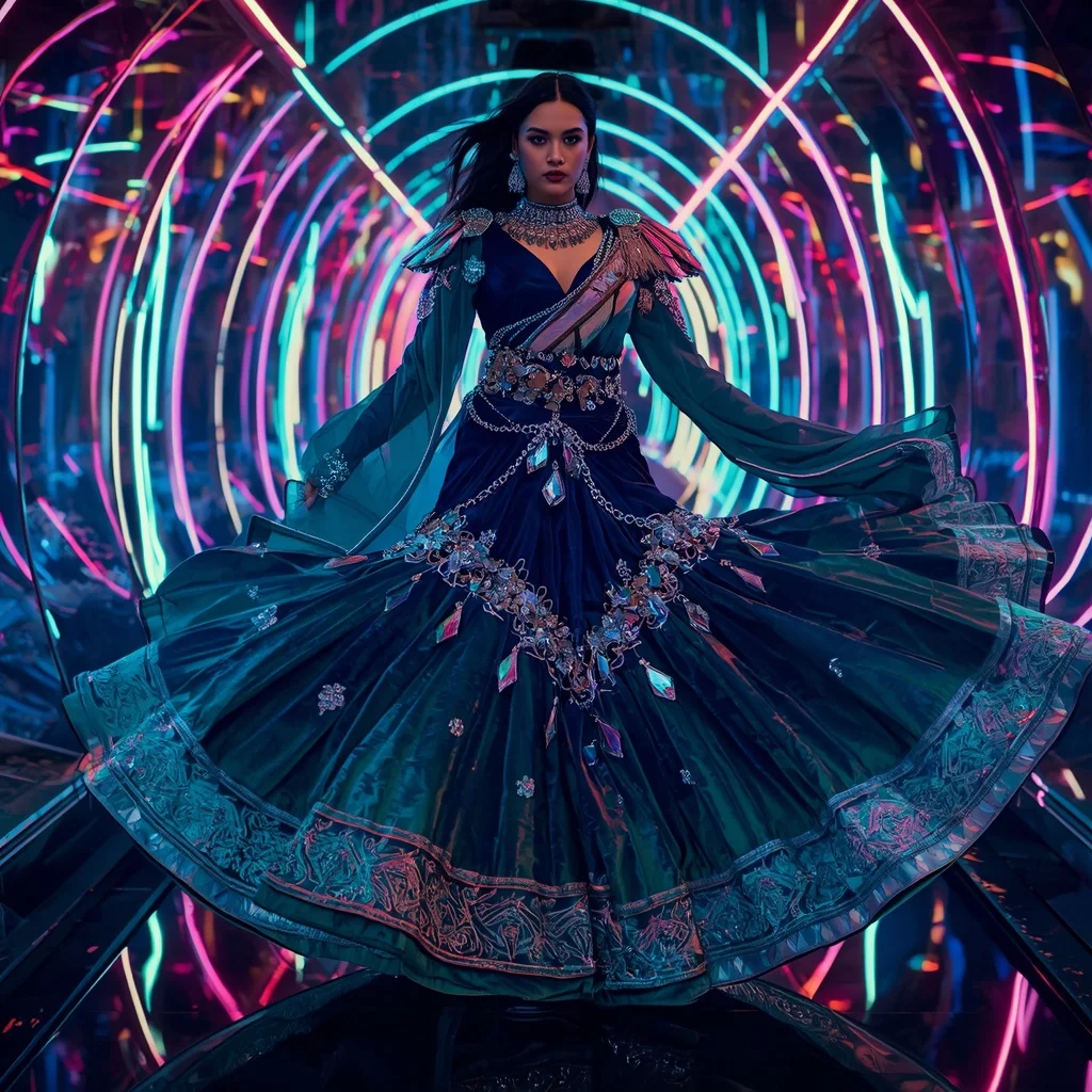 Velvet Nebula Crystal Saree with Neon Reflection Spiral Corridor | New Instagram Trend Prompt For Girl And Boy