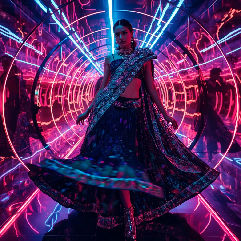 Velvet Nebula Fantasy Saree with Neon Reflection Spiral Tunnel | Cute Girl Ai Prompt
