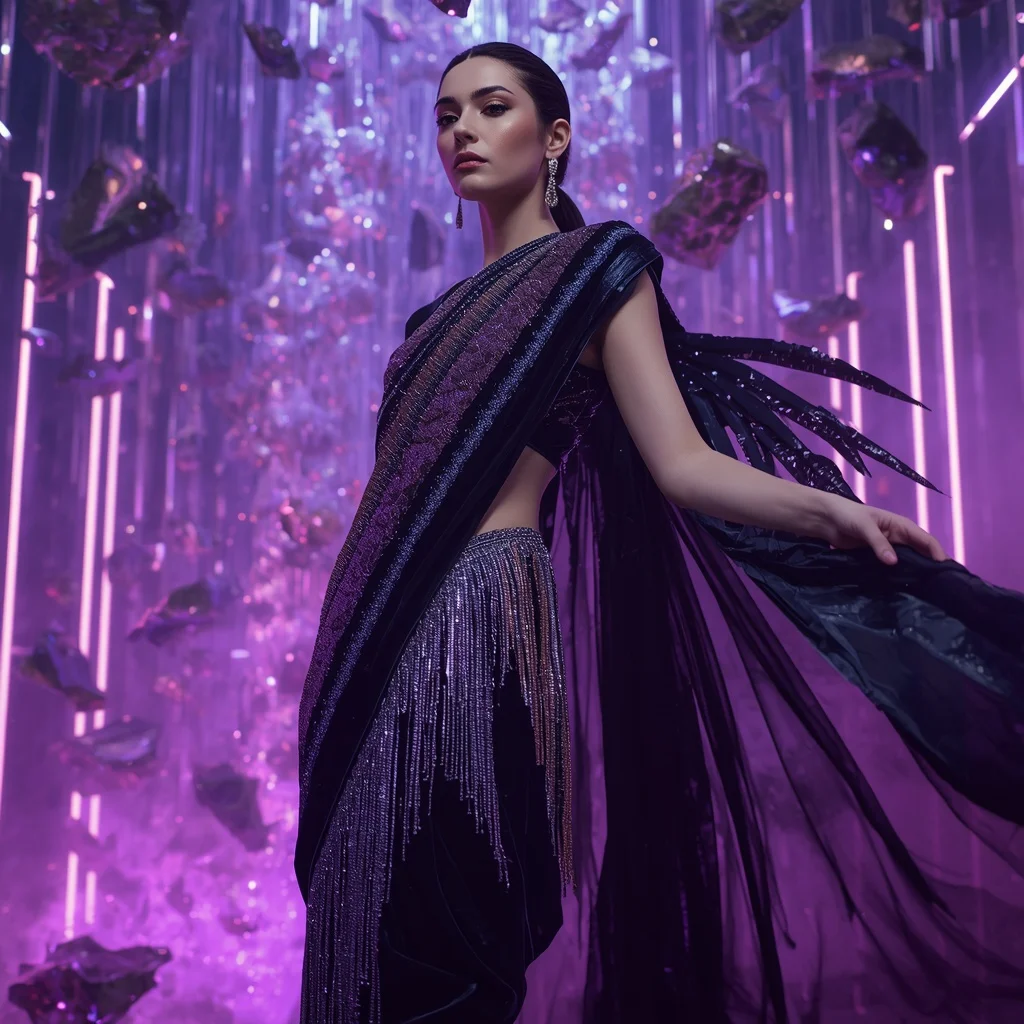 Velvet Nebula Fragment Armor Saree with Floating Crystal Singularity Storm Matrix Nebula Collapse Field System | Saree Ai Prompt