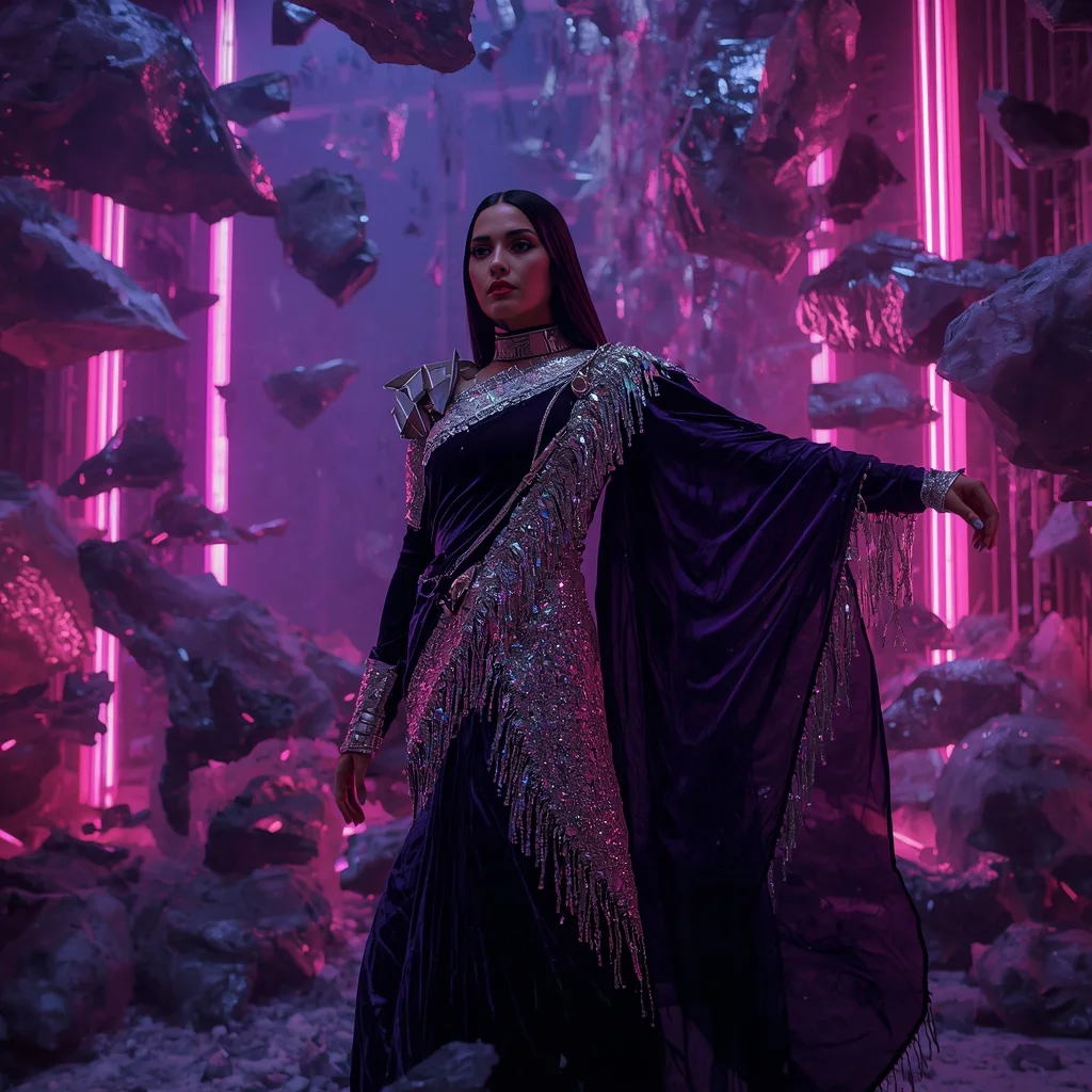 Velvet Nebula Fragment Singularity Abyss Armor Saree with Floating Crystal Storm Nebula Matrix Collapse Field | Prompt Seen Trending Girl