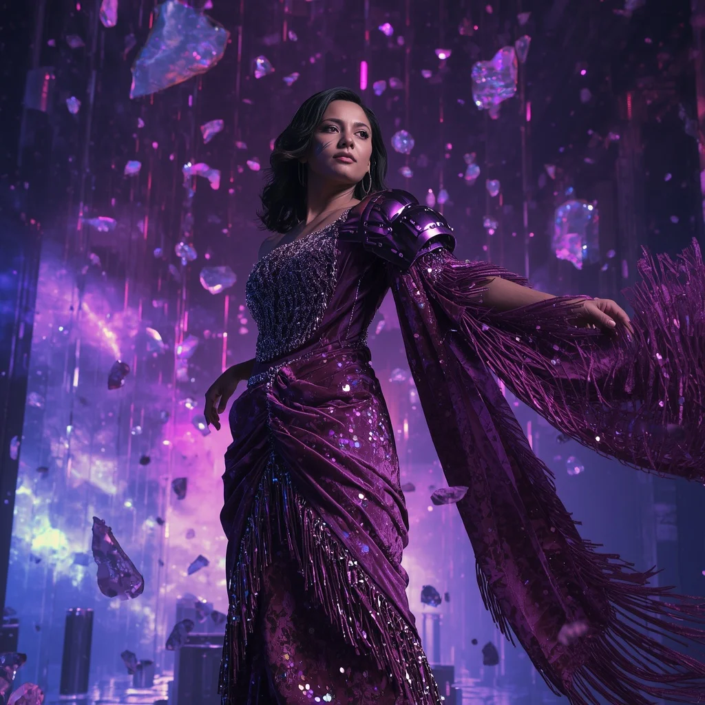 Velvet Nebula Fragment Singularity Armor Saree with Floating Crystal Storm Matrix Collapse Nebula Field | Bridal Ai Prompt