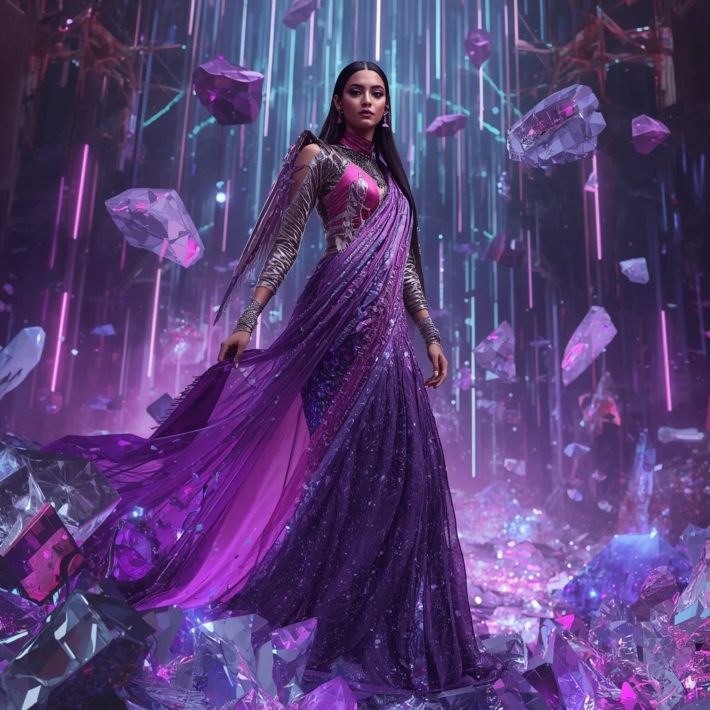 Velvet Nebula Fragment Singularity Core Armor Saree with Floating Crystal Storm Matrix Nebula Collapse Field | Prompt For Gemini AI Girl Style Trending Indian