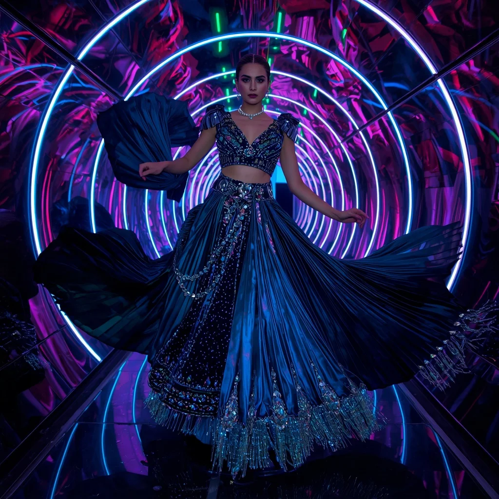 Velvet Nebula Queen Saree with Neon Reflection Spiral Corridor | Prompt Seen Trending Girl 2026 Chatgpt