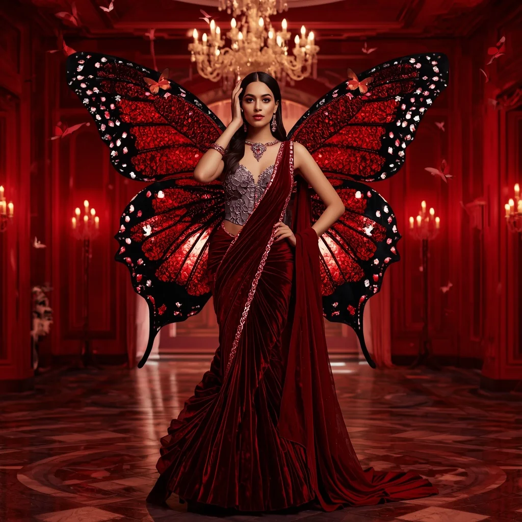 Velvet Ruby Butterfly Saree Fashion Sequence with Crimson Jewel Ballroom Background | Instagram Viral Photo Prompt