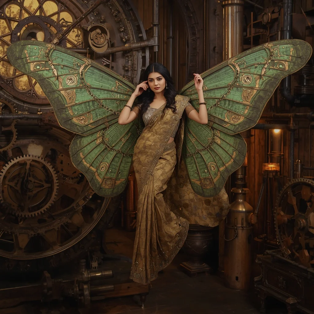 Verdigris Bronze Mechanical Butterfly Saree in Clockwork Fantasy Workshop | Pre Wedding Ai Prompt