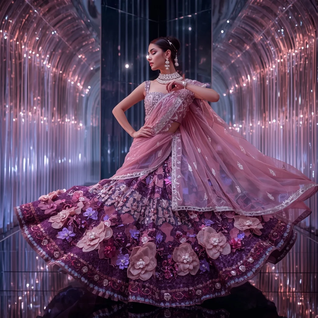 Violet Aurora Blossom Queen Saree with Crystal Infinity Atrium | Fitness Model Ai Prompt