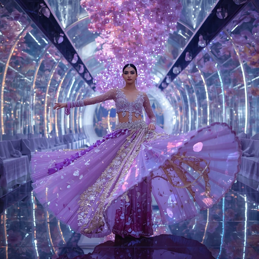 Violet Aurora Petal Saree with Crystal Blossom Infinity Atrium | Gemini Prompt