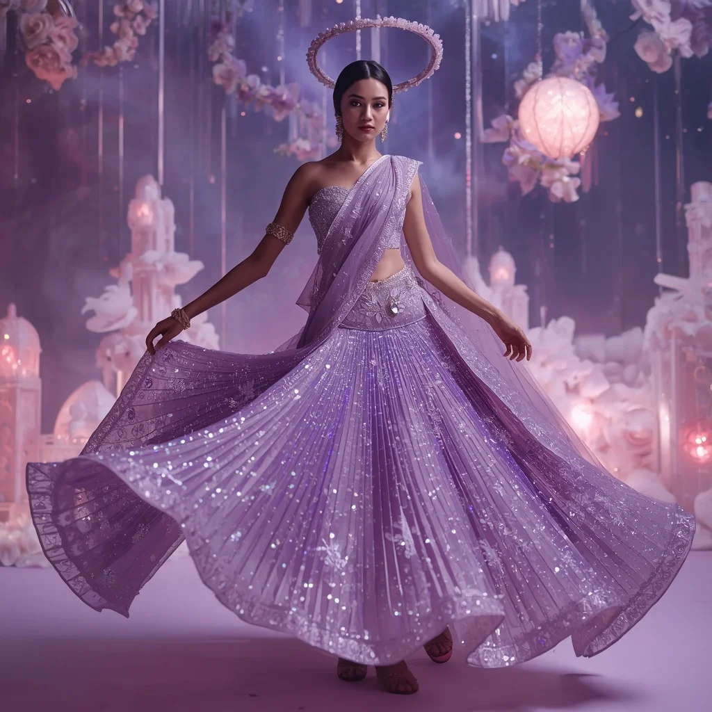 Violet Crystal Cosmos Saree with Floating Bloom Galaxies and Aurora Fantasy Universe | Editing Prompt Girl