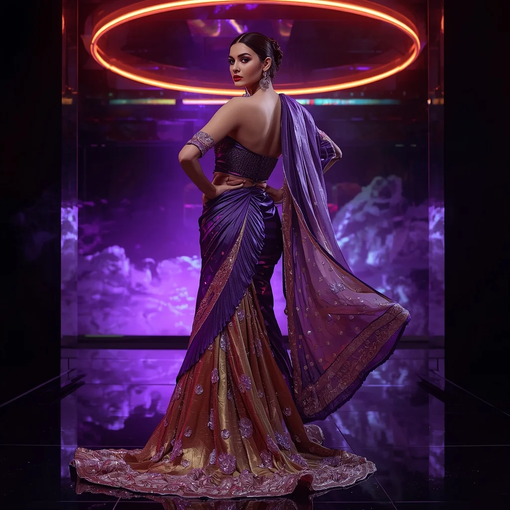 Violet Inferno Mirage Saree with Floating Neon Halo Empire | Luxury Ai Prompt