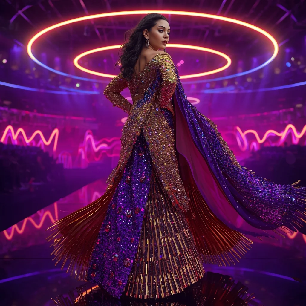 Violet Inferno Thunder Saree with Floating Neon Halo Arena | Saree Prompt Seen