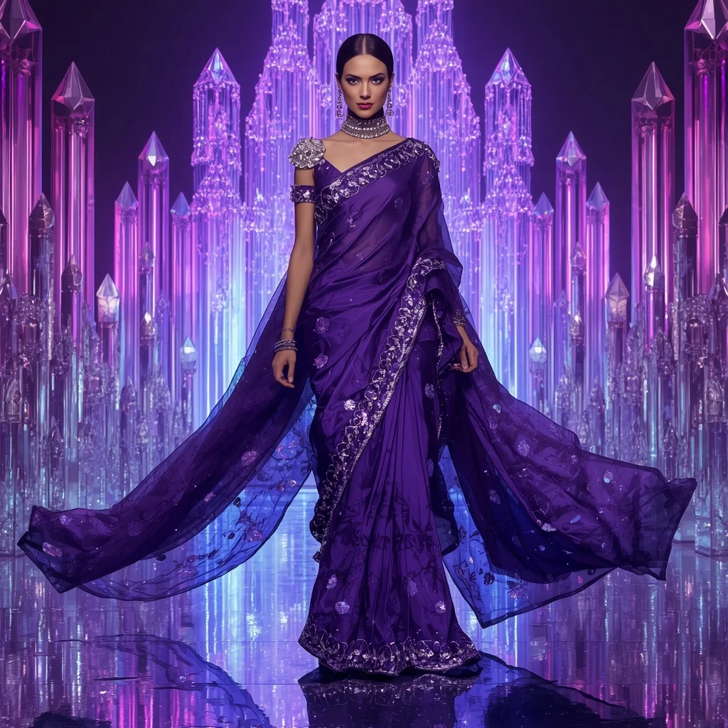 Violet Nova Mirror Saree with Neon Infinity Crystal Fortress | Trending Prompt Girls Traditional