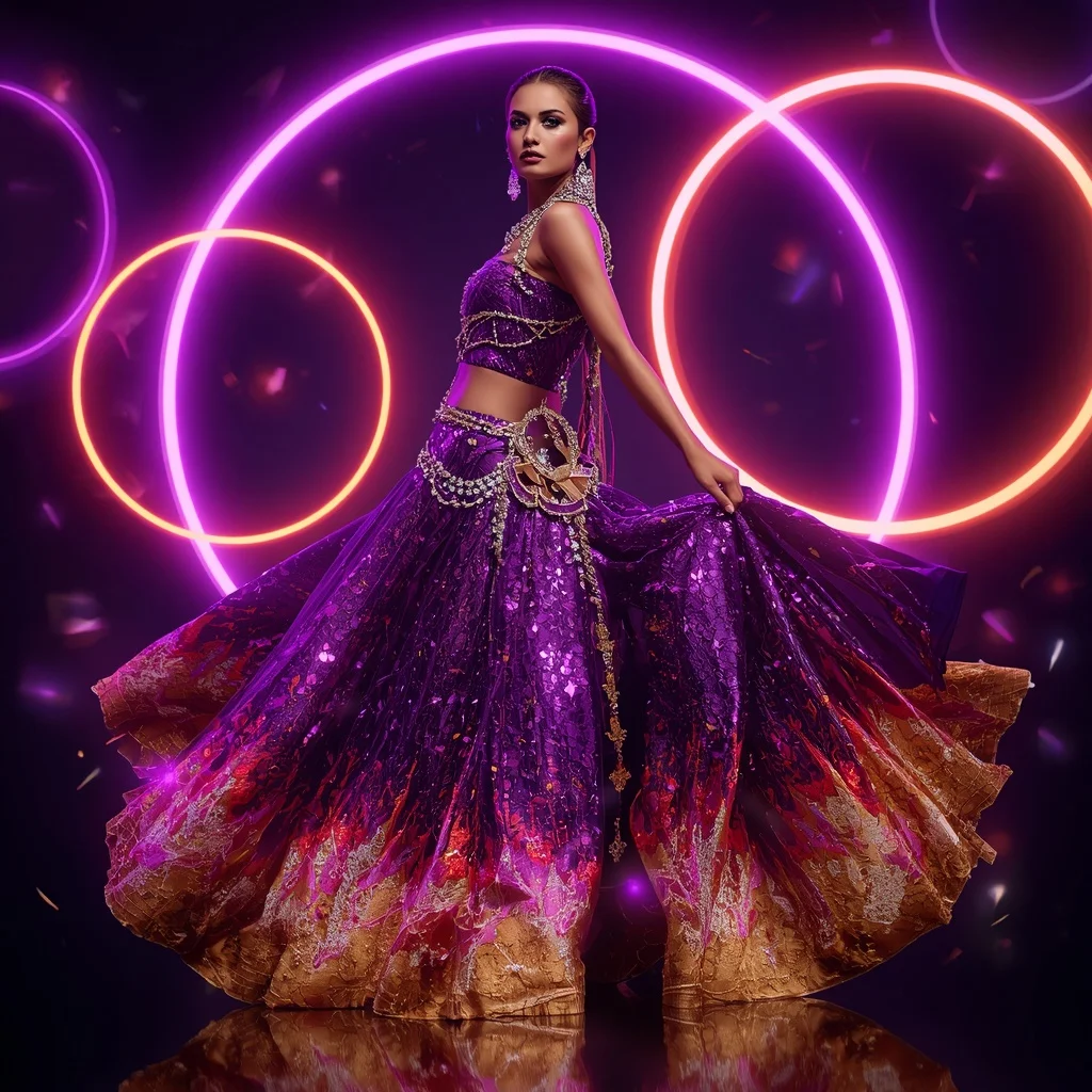 Violet Thunder Flame Saree with Floating Neon Halo Rings | Romantic Ai Prompt