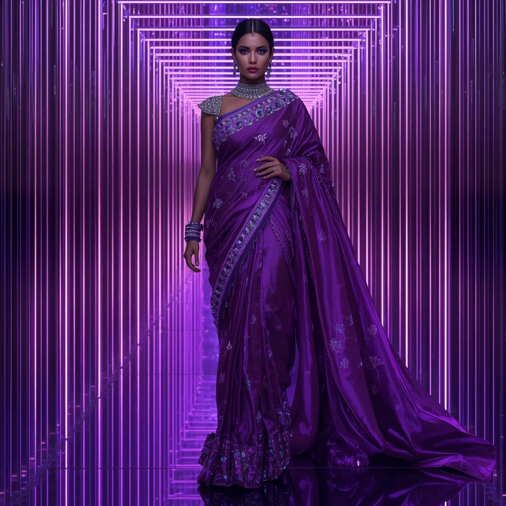 Violet Thunder Mirage Saree with Neon Infinity Prism Sanctuary | 4k Ai Prompt