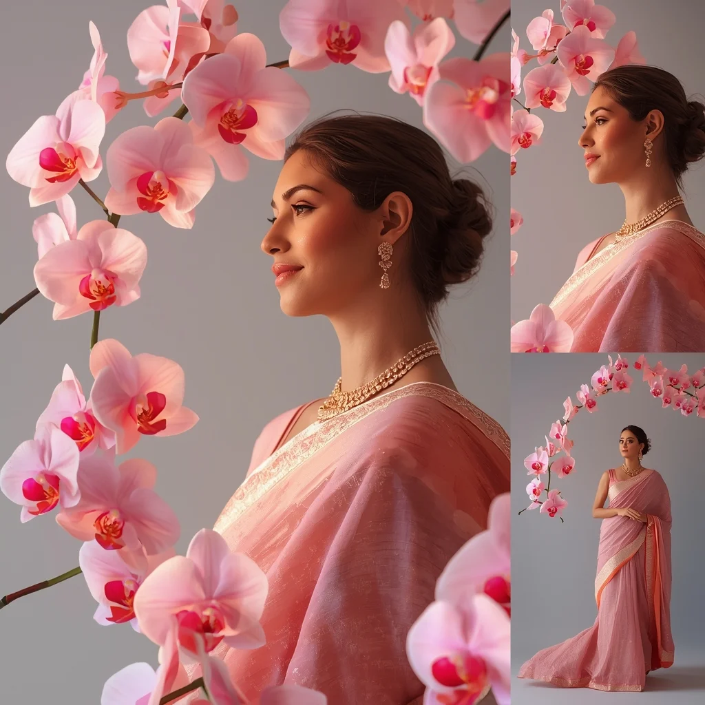 Viral Botanical Pastel Saree Orchid Bloom Glow - | Image Prompt | Desi Saree Ai Prompt