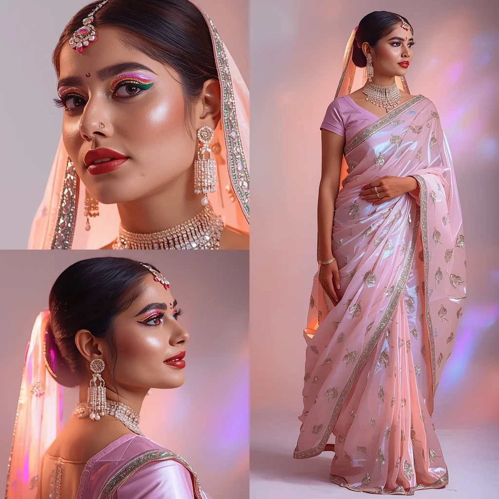 Viral Luxury Pastel Saree Holographic Shine Glow - | Image Prompt | Wedding Saree Ai Prompt