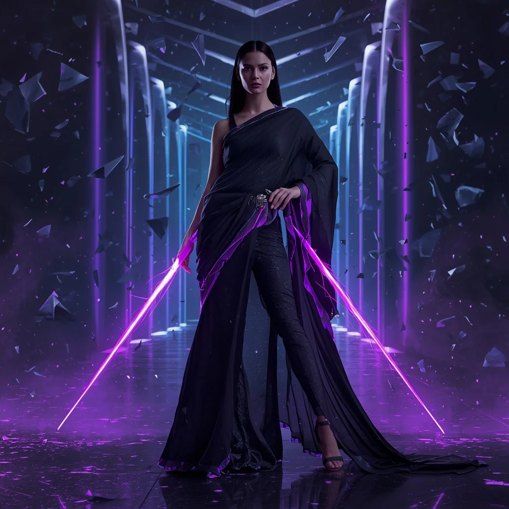 Void Aurora Blade Saree with Dark Energy Arena | Gemini Prompt