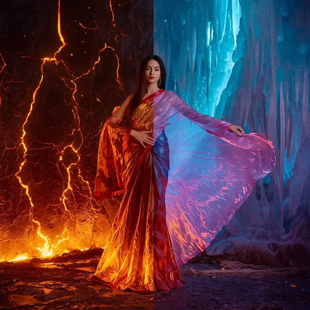 Volcanic Aurora Silk Saree with Fire Ice Rift Chamber | Prompt Gemini