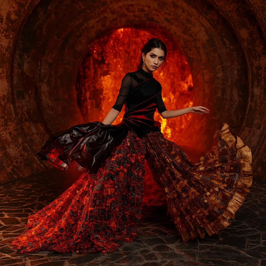 Volcanic Glass Ember Saree with Lava Crystal Core Chamber | Festive Prompt