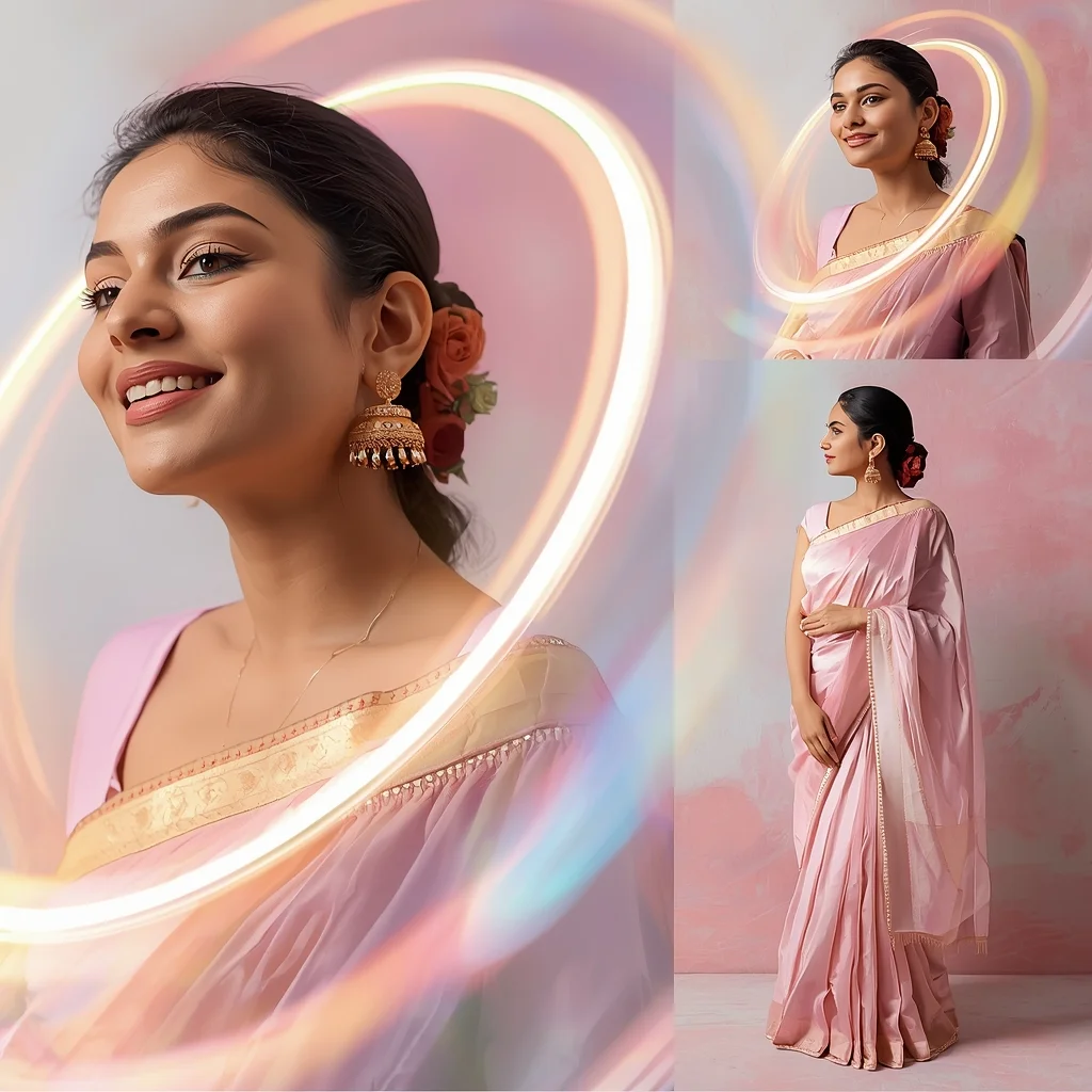 Vortex Pulse Halo Orbit Pastel Saree Indian Woman Luxury Composition | Saree Dp Ai Prompt