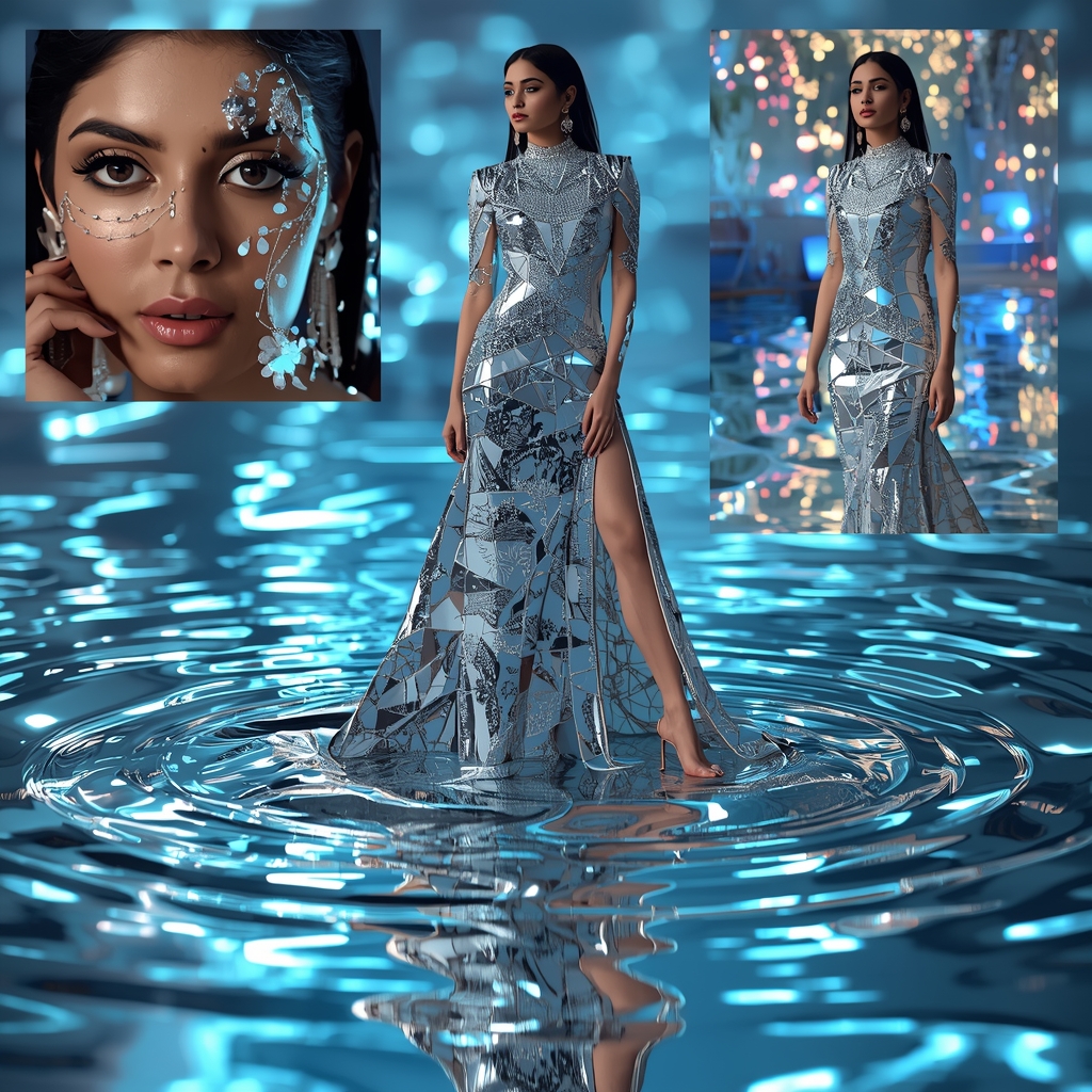 Water Glow Ripple With Mirror Light Reflection Rajasthani Slit Dress | Saree Prompt Text To Image