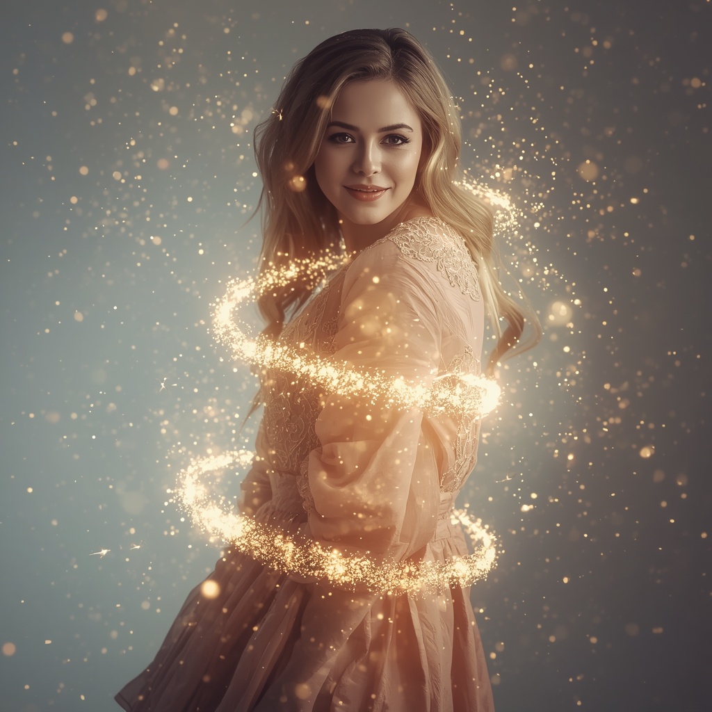 Western Dress Glow Particle Spiral Collage Dream Cinematic Fashion | Selfie Prompt