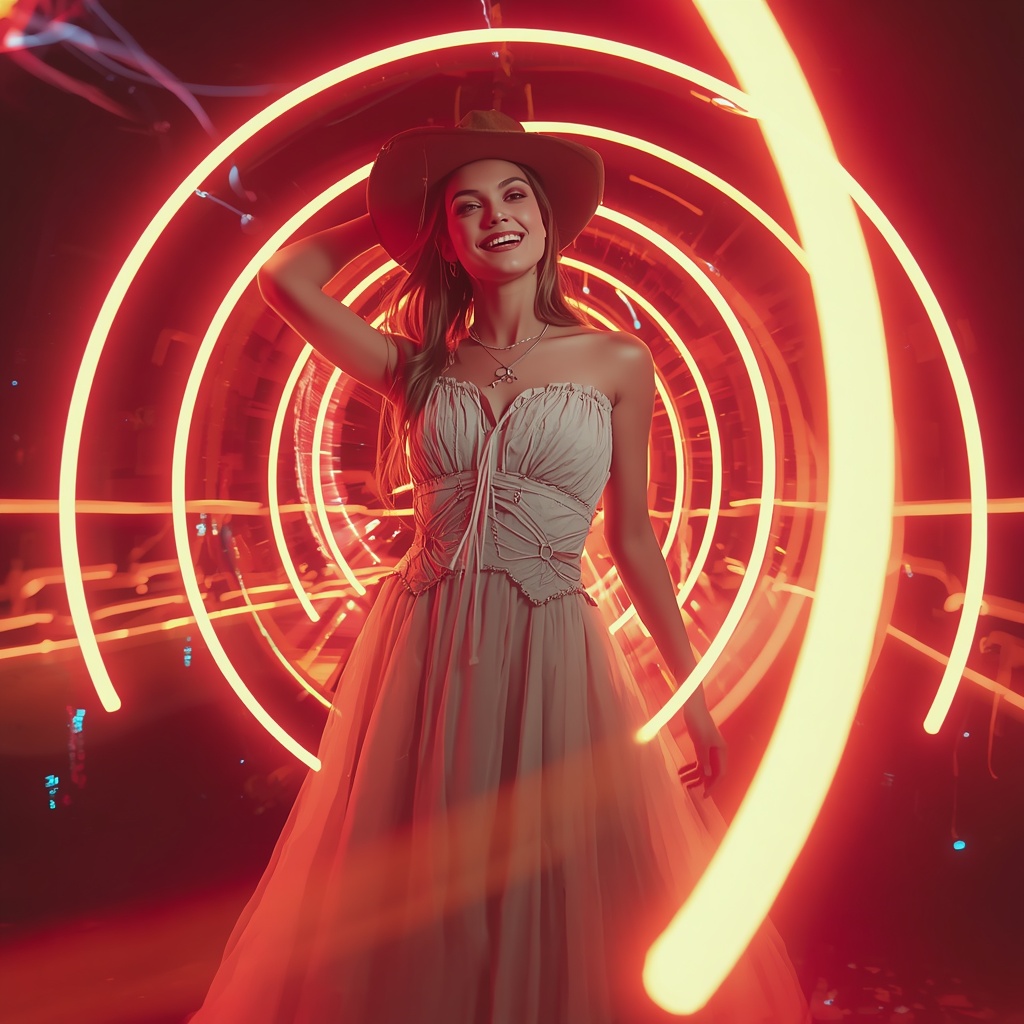 Western Dress Neon Arc Motion Collage Futuristic Fashion Cinematic | Ai Prompt For Reels