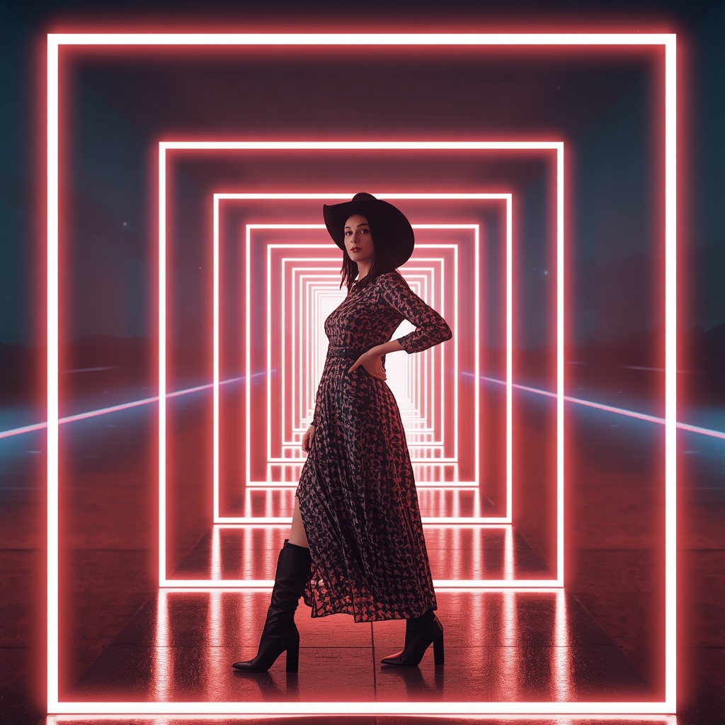 Western Dress Neon Frame Tunnel Collage Modern Fashion Cinematic | Girl Photo Prompt Gemini