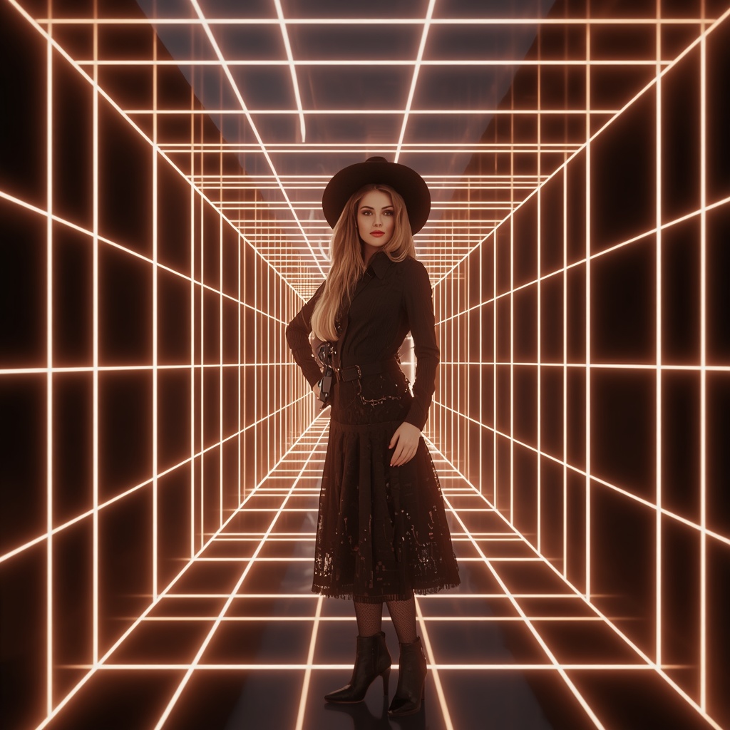 Western Dress Neon Grid Tunnel Collage Futuristic Fashion Cinematic | Character Design Ai Prompt