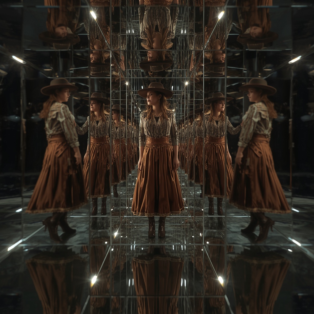 Western Dress Reflective Mirror Tunnel Collage Premium Cinematic Fashion | Whatsapp Dp Ai Prompt