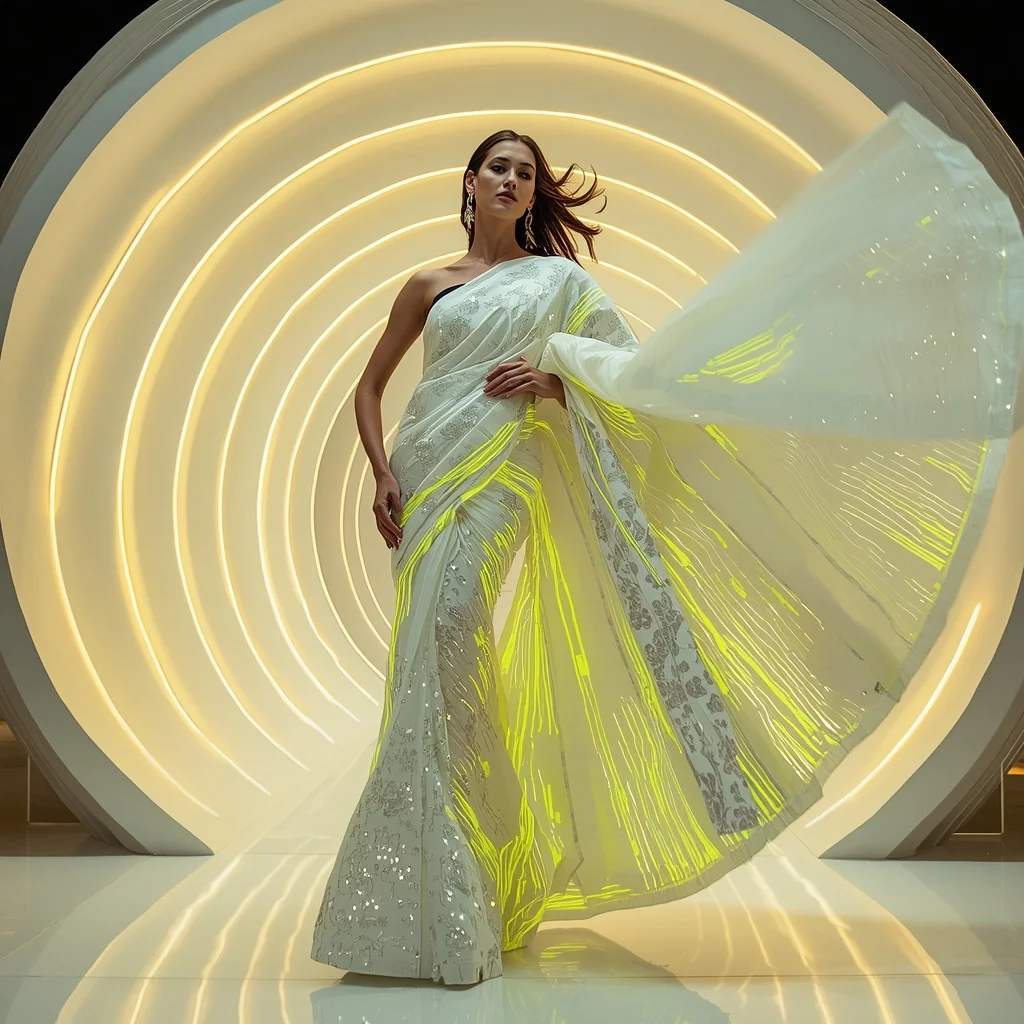 White Chrome and Neon Yellow Fiber Optic Saree with Clean Architecture Pod | Ai Art Prompt