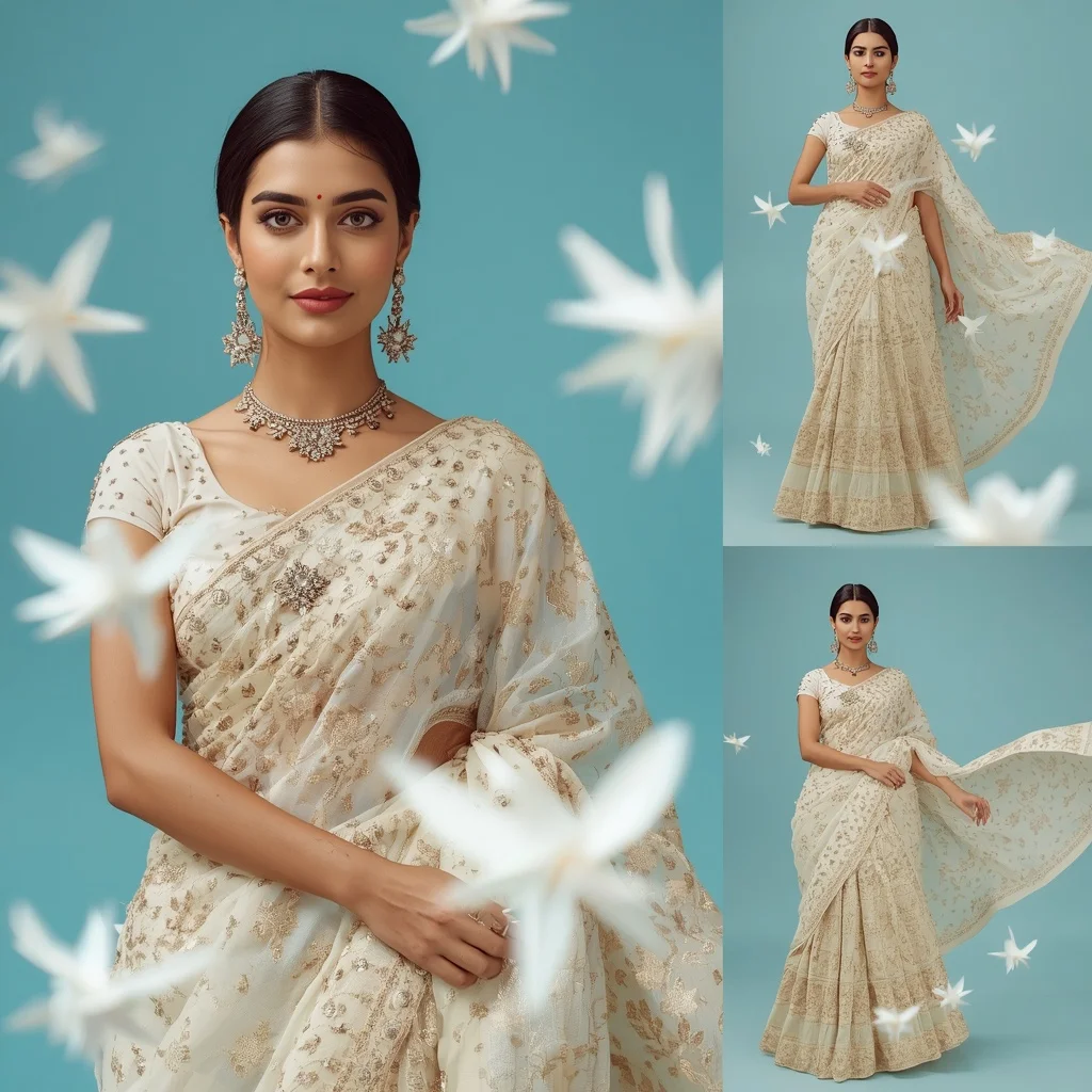 White Porcelain Origami Stars Festive Saree Look Premium | ChatGPT Ai Prompt